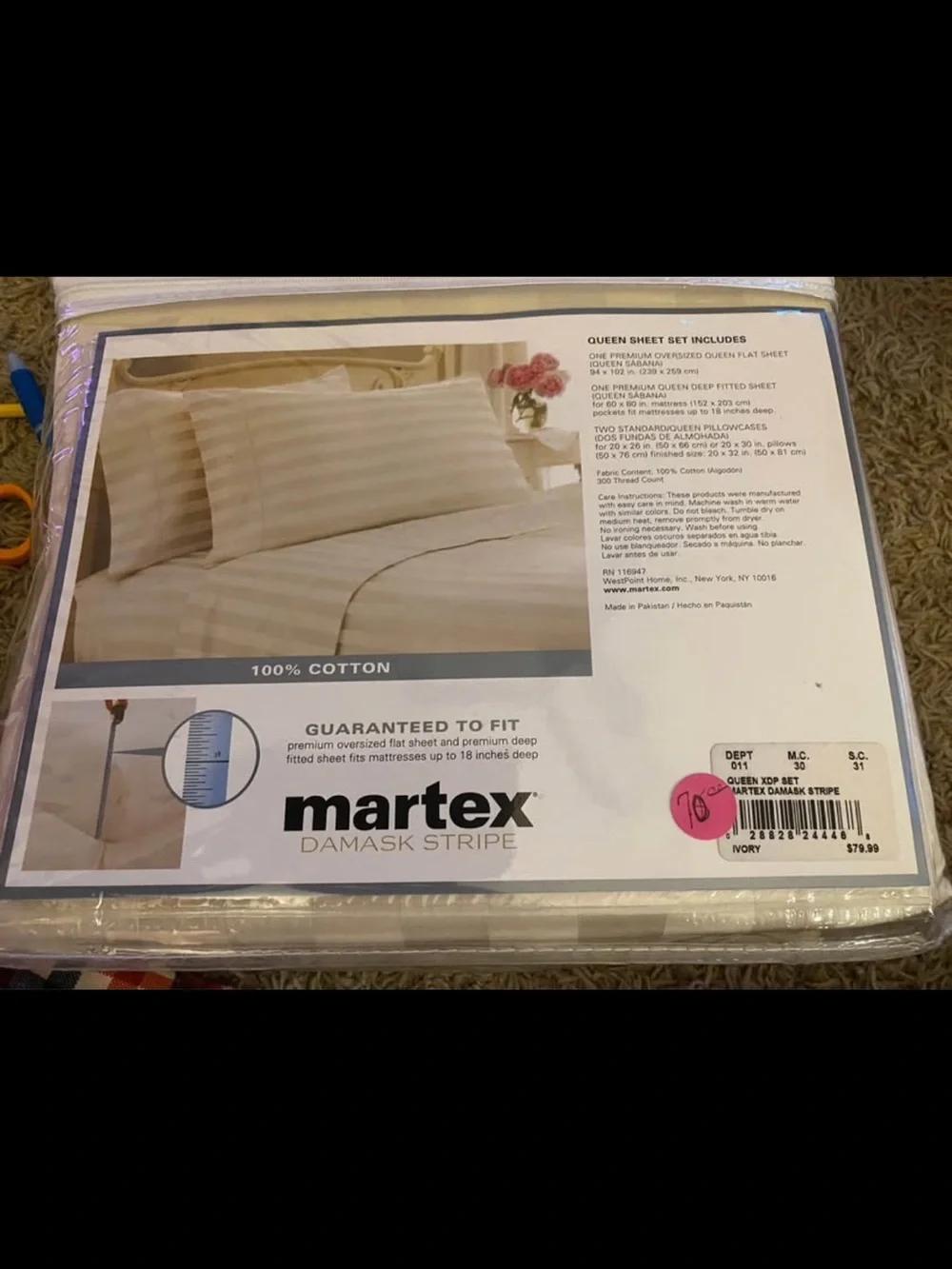 Martex Damask Stripe Queen Sheet Set in Ivory